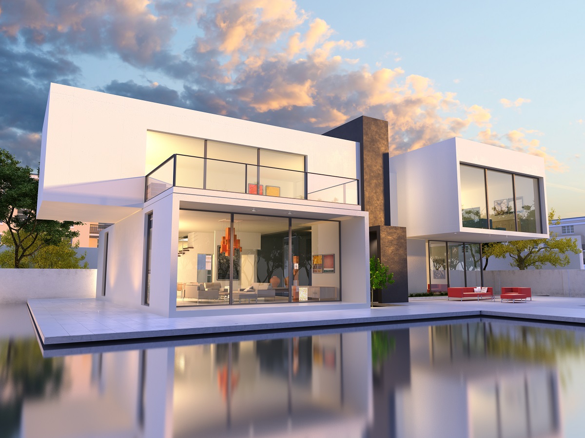 4-shutterstock_262830776- 3D rendering of Impressive villa with pool, late afternoon